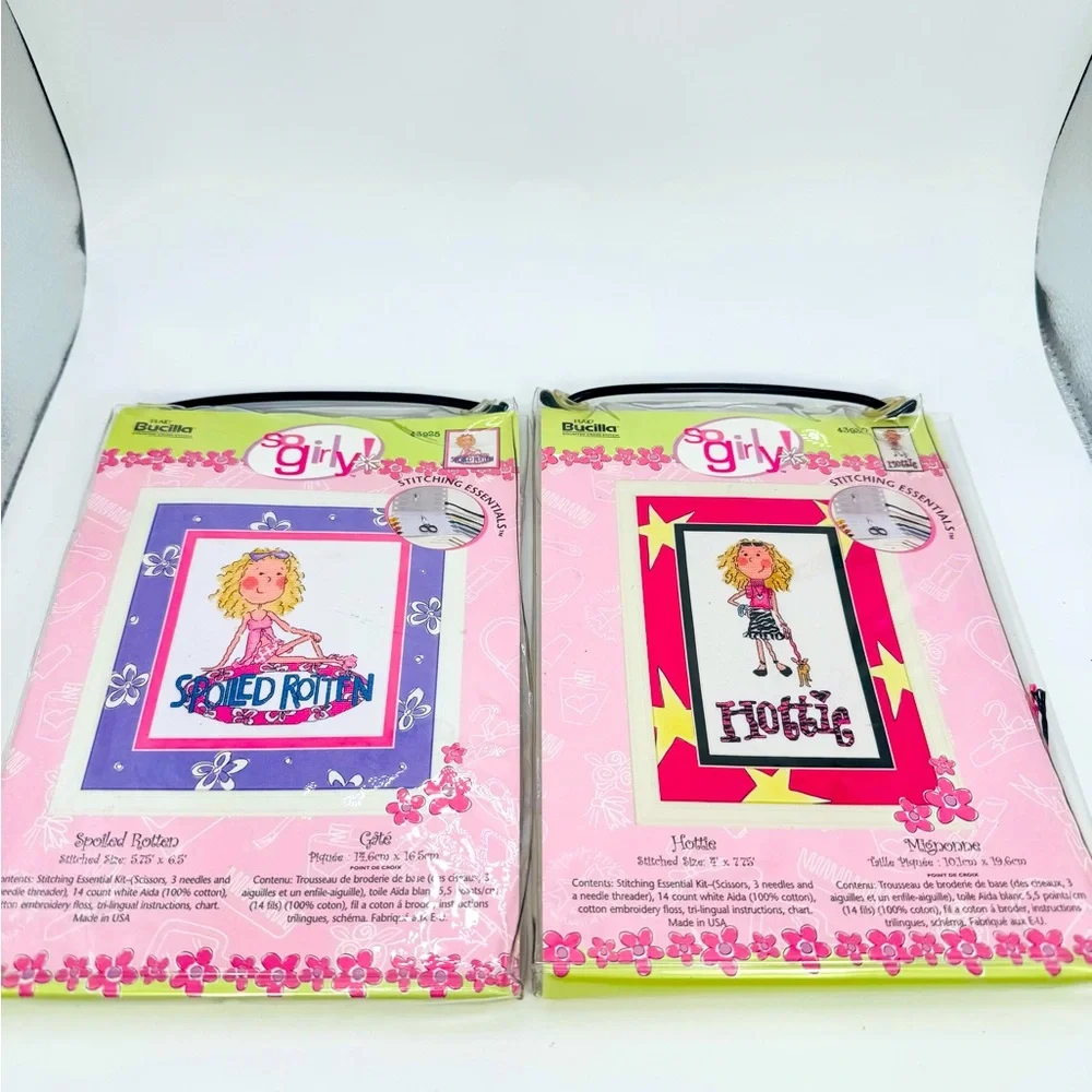 New Bucilla SO GIRLY Lot of 2 Counted Cross Stitch Kits Hottie/Spoiled Rotten